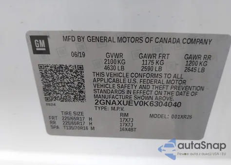 2019 Chevrolet Equinox Lt z USA, uszkodzony, nr VIN 2GNAXUEV0K6304040